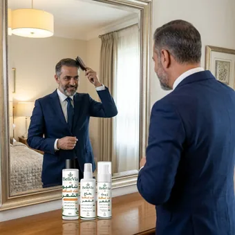 راجل كيمشط شعرو قدام المراية، وقدامو باك BelleVia ضد تساقط الشعر