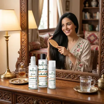 امرأة بقفطان وشعر طويل وكثيف كتمشطو قدام المراية، وقدامها باك BelleVia ضد تساقط الشعر